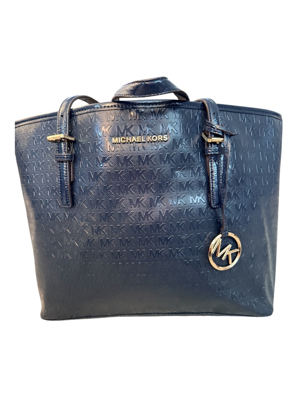 Michael Kors Navy Embossed MK jet set Tote luxury business casual cozy feminine - Picture 1 of 12